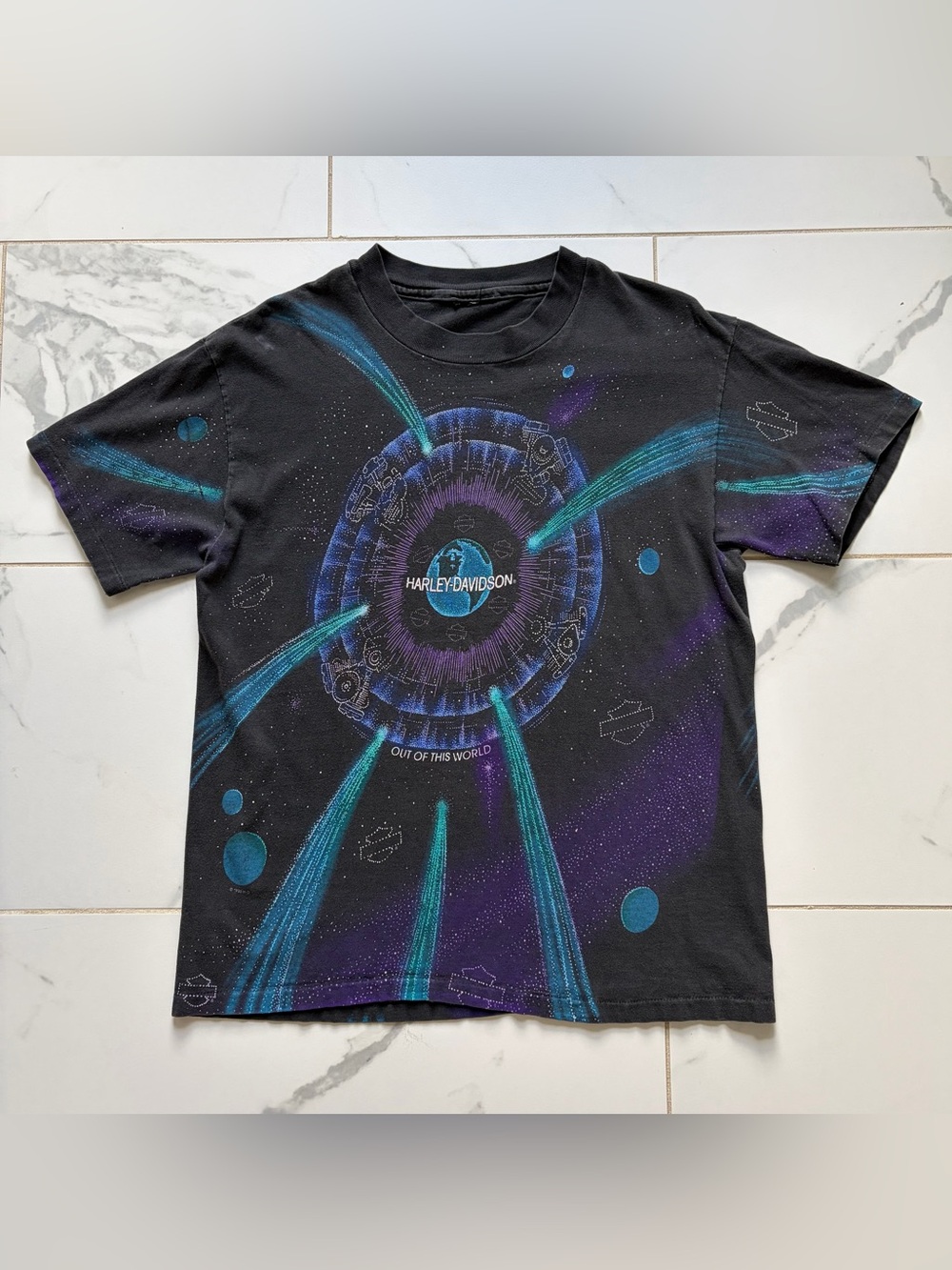 Vintage 1995 Harley Davidson Galaxy Space T Shirt Tee Size M Black Blue Purple